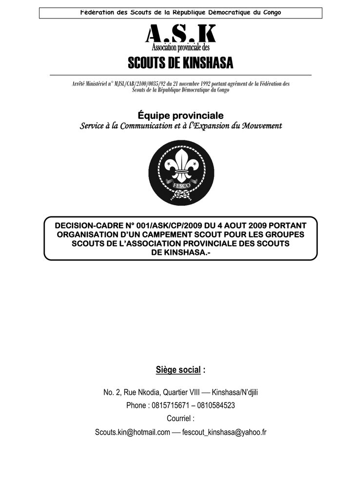 Règlement de Camp : Décision-Cadre n° 001/ASK/CP/2009 du 4 août 2009 (A.S.K.)