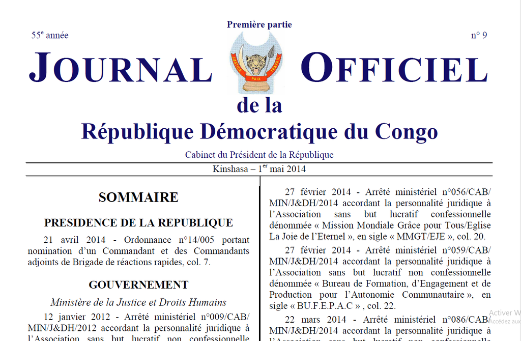 Arrêté ministériel n°009/CAB/ MIN/J&DH/2012 accordant la personnalité juridique à l’Association sans but lucratif non confessionnelle dénommée « Fédération des Scouts de la République Démocratique du Congo », en sigle « FESCO »