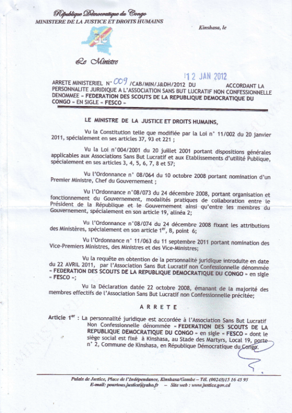 Arrêté Ministériel (personnalité juridique FESCO)